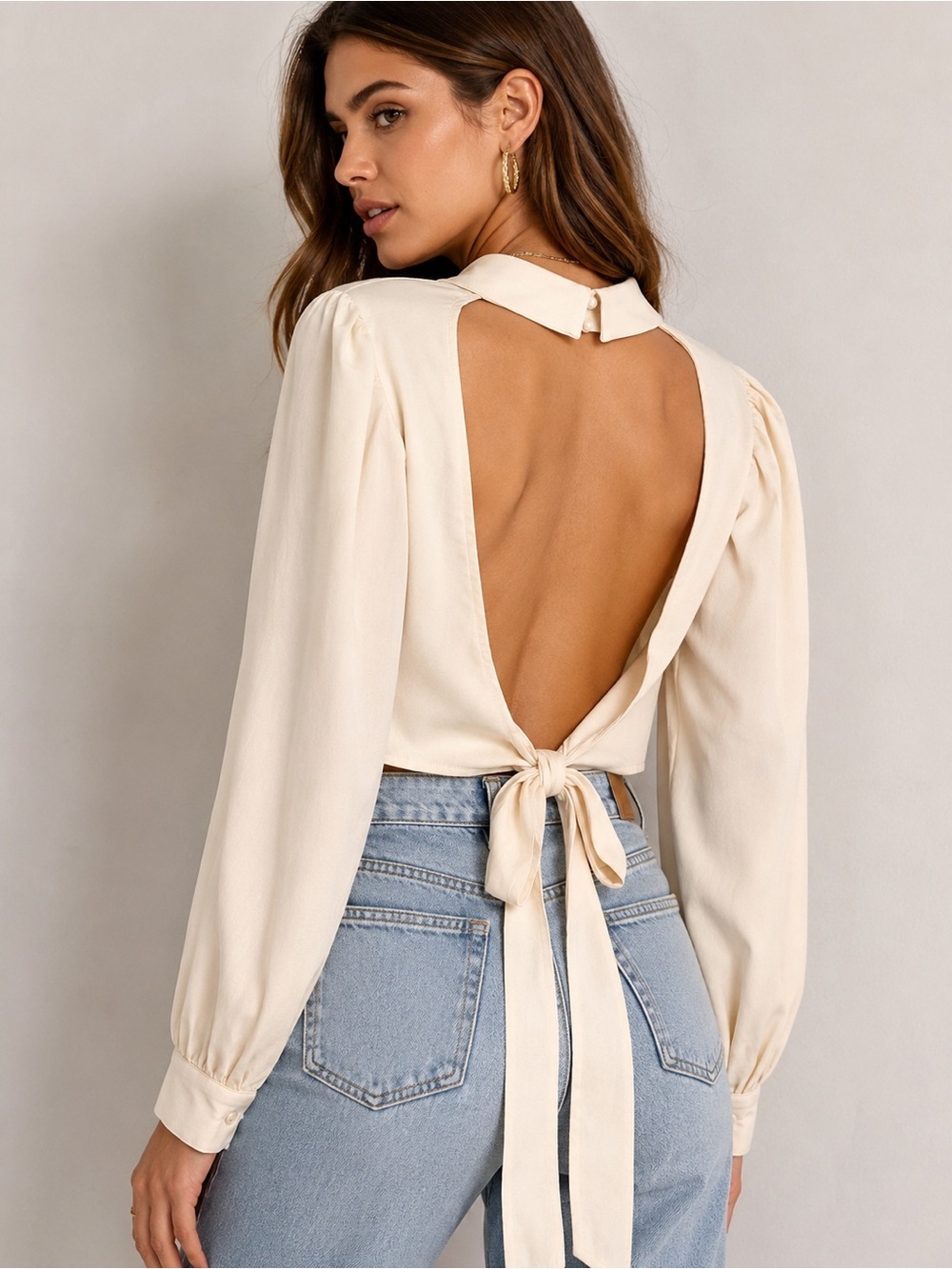 Nasty Gal Ivory Open Back Blouse Puff Sleeve Tie Back Coquette Romantic Top Sz M